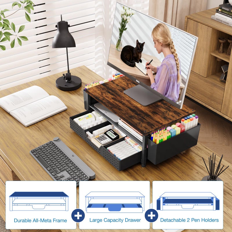 OPNICE Wood Desk Organizers and Accessories, 2-Tier Computer Monitor Stand Riser with Drawer and 2 Pen Holders, Laptop Stand, Office Desk Accessories for Office Supplies, Brown - Image 4