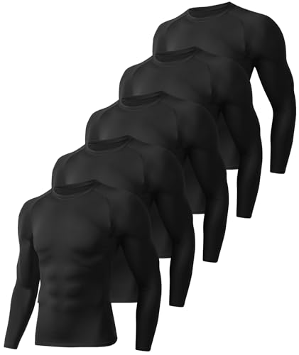 BOOJO 5 Pack Long Sleeve Compression Shirts for Men - Black Quick Dry Workout Base Layer Undershirt Top for Athletic Gym Running - Image 1