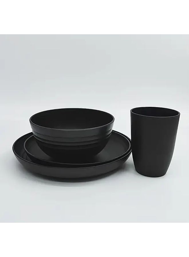 4 Piece Black Shatterproof Plastic Dinnerware Set Heavy Duty Pp Plates Bowl Cup Dishwasher Microwave Safe - Image 1