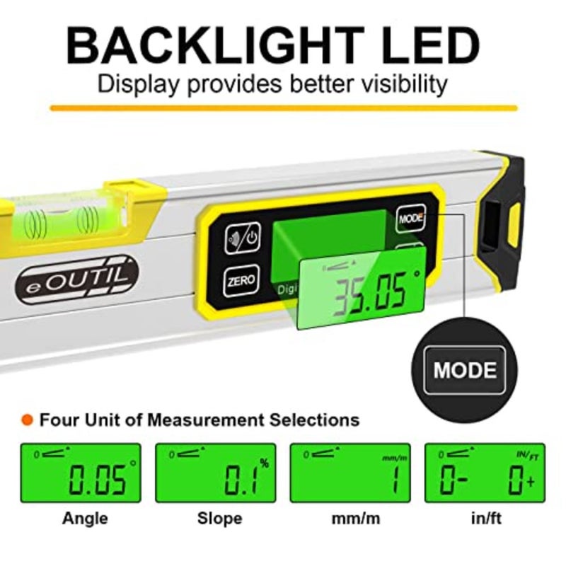12-Inch Digital Torpedo Level and Protractor Aluminum Inclinometer Angle Finder with Backlight LED Display and V-Groove Magnetic Base, IP54 Dust/Water Resistant Smart Level - Image 3