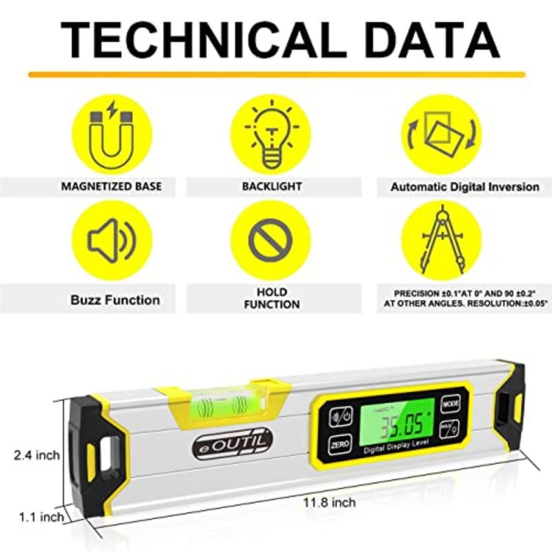 12-Inch Digital Torpedo Level and Protractor Aluminum Inclinometer Angle Finder with Backlight LED Display and V-Groove Magnetic Base, IP54 Dust/Water Resistant Smart Level - Image 5