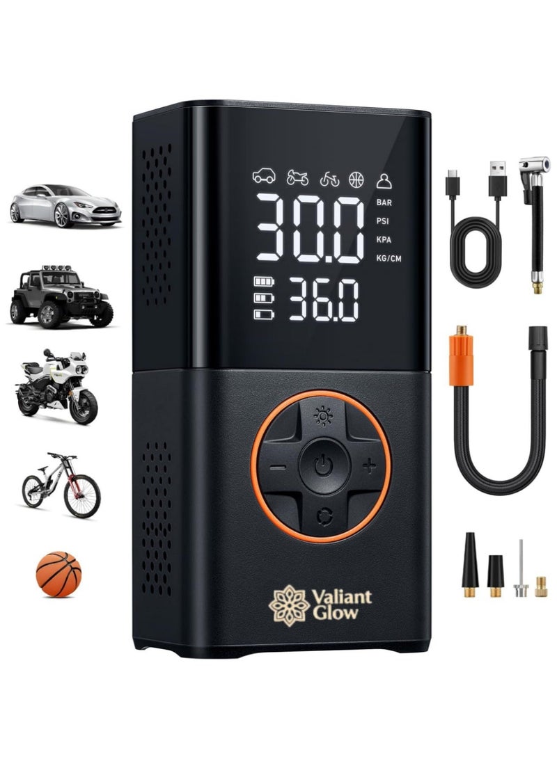 توهج شجاع منفاخ إطارات ضاغط هواء (4 فوهات) | مضخة دراجة لاسلكية محمولة | مع شاشة رقمية مزدوجة القيمة | مضخة إطارات سيارة 150 رطل لكل بوصة مربعة مع ضوء LED | مناسبة للسيارات والدراجات النارية والدراجات والكرات والمراتب القابلة للنفخ وعوامات حمام السباحة وأكياس التفريغ. - Image 1