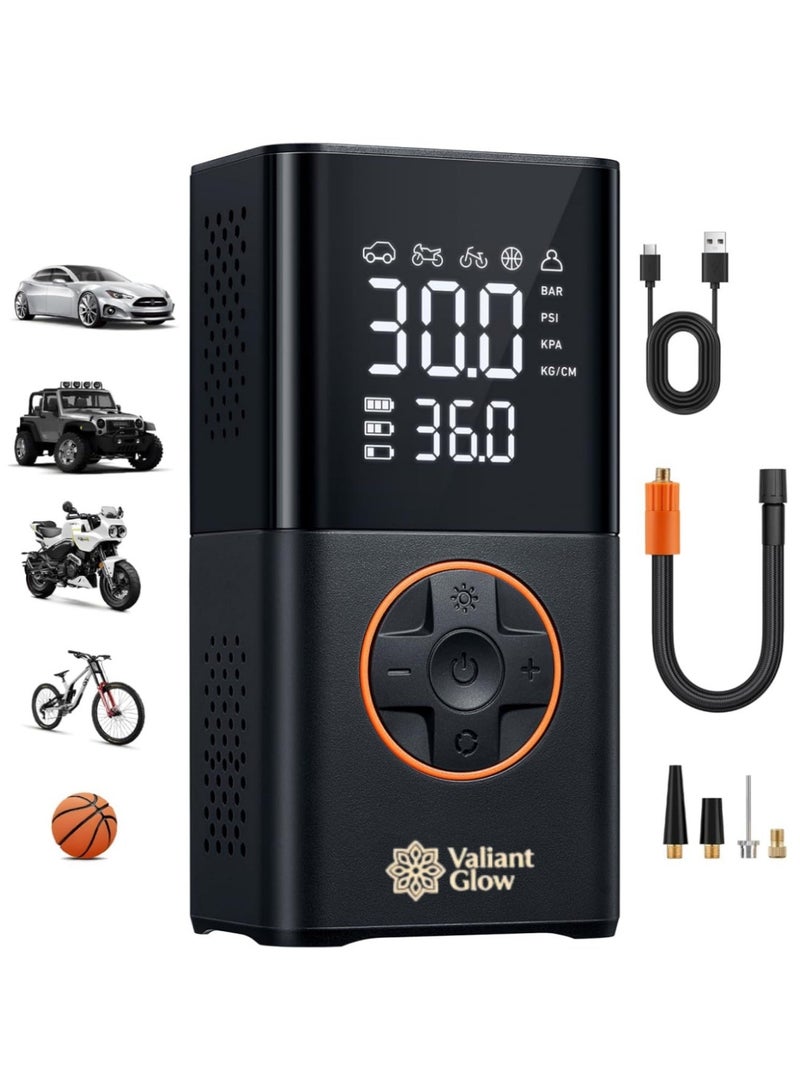 Valiant Glow (Emergency Off Road Backup) Air compressor tire inflator (4 nozzles) | Portable cordless bicycle pump | with digital dual-value display | 150 PSI car tire pump with LED light | Suitable for cars, motorcycles, bicycles, balls, inflatable mattresses, pool floats, and vacuum bags. - Image 1