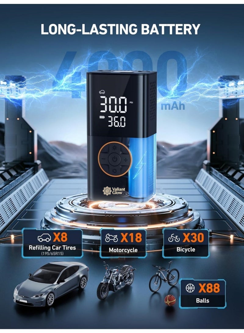 Valiant Glow (Emergency Off Road Backup) Air compressor tire inflator (4 nozzles) | Portable cordless bicycle pump | with digital dual-value display | 150 PSI car tire pump with LED light | Suitable for cars, motorcycles, bicycles, balls, inflatable mattresses, pool floats, and vacuum bags. - Image 2