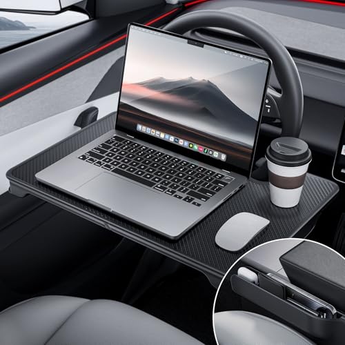 YONZEE 2in1 Car Steering Wheel Desk Tray Car Seat Gap Filler Organizer Foldable Carbon Fiber Look Table for Laptop Eating Food Writing for Standard Round Steering Wheels - Image 1