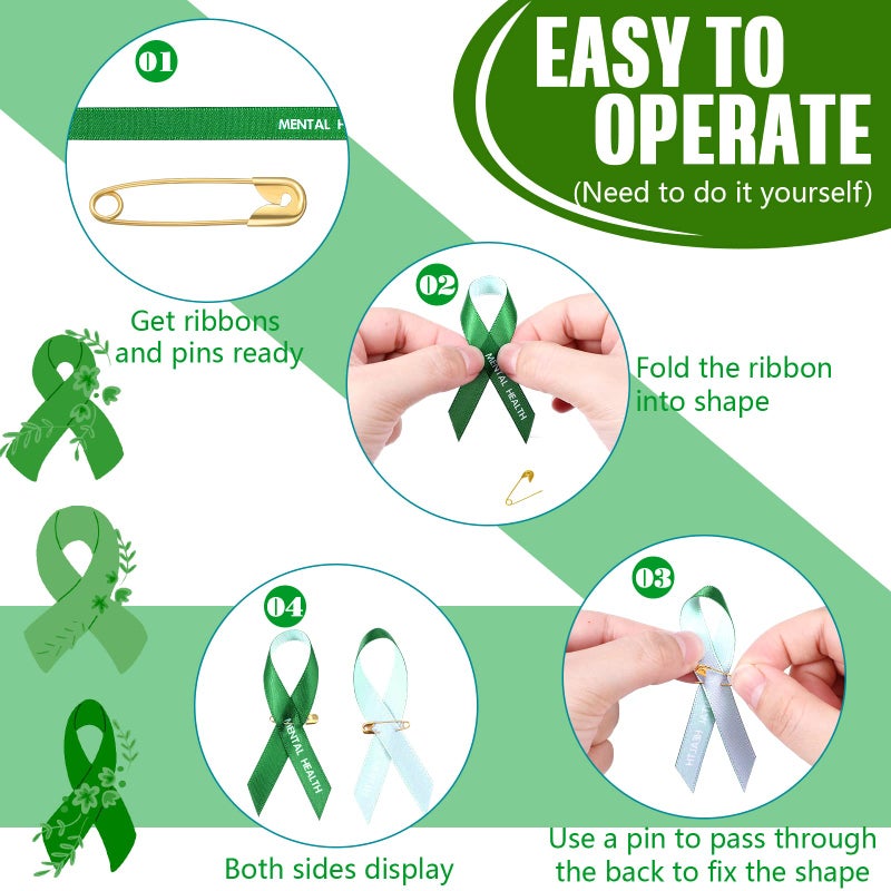 Hanaive 150 Pcs Mental Health Awareness Ribbons Green Satin Fabric Ribbons with Safety Pins Mental Health Awareness Items for Charity Public Social Event Welfare Supplies - Image 3