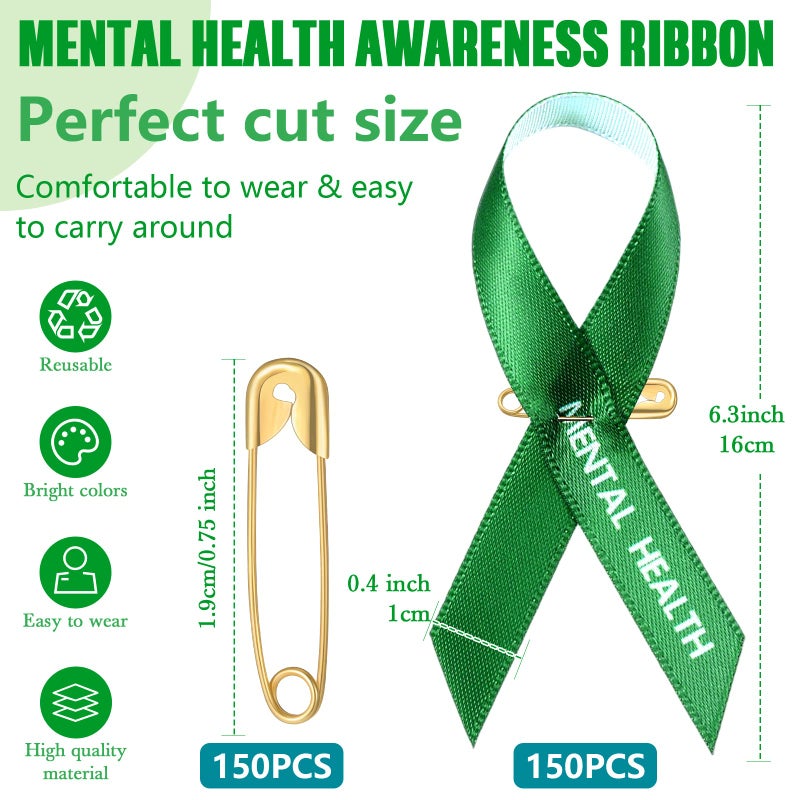 Hanaive 150 Pcs Mental Health Awareness Ribbons Green Satin Fabric Ribbons with Safety Pins Mental Health Awareness Items for Charity Public Social Event Welfare Supplies - Image 2