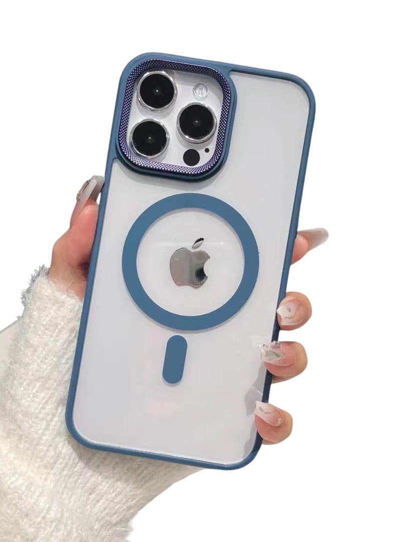Luxury Metal Lens Camera Protection Magsafe Phone Case for iPhone 13 Pro Max Wireless Charging Cover - Clear Back Slim -Blue - Image 1