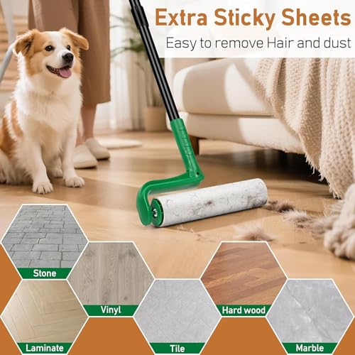 VOUBIEN 10" Large Lint Roller for Pet Hair Extra Sticky, Long Handle Floor Sticky Rollers with Big Lint Roller Refills for Cleaning Carpets, Cars, Furniture,Clothing, and Pet Hair,Green - Image 3