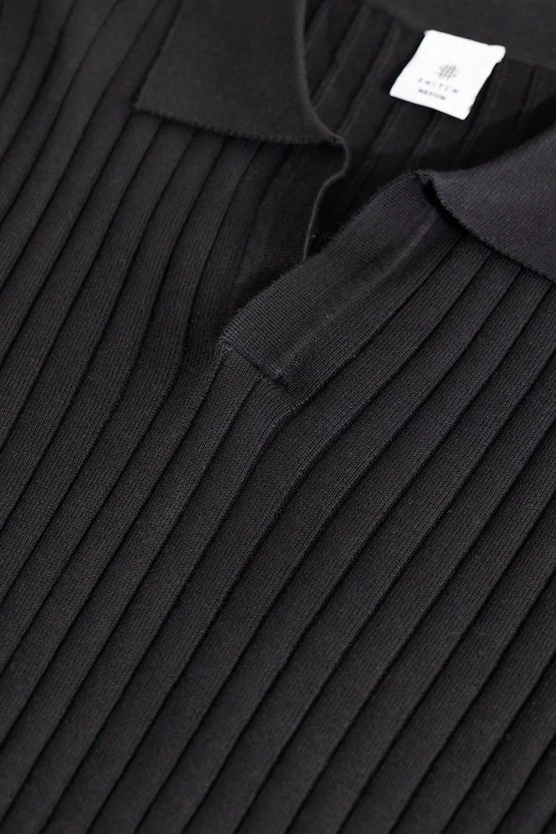 SNITCH Chunky Ribbed Knitted Black Polo T-Shirt