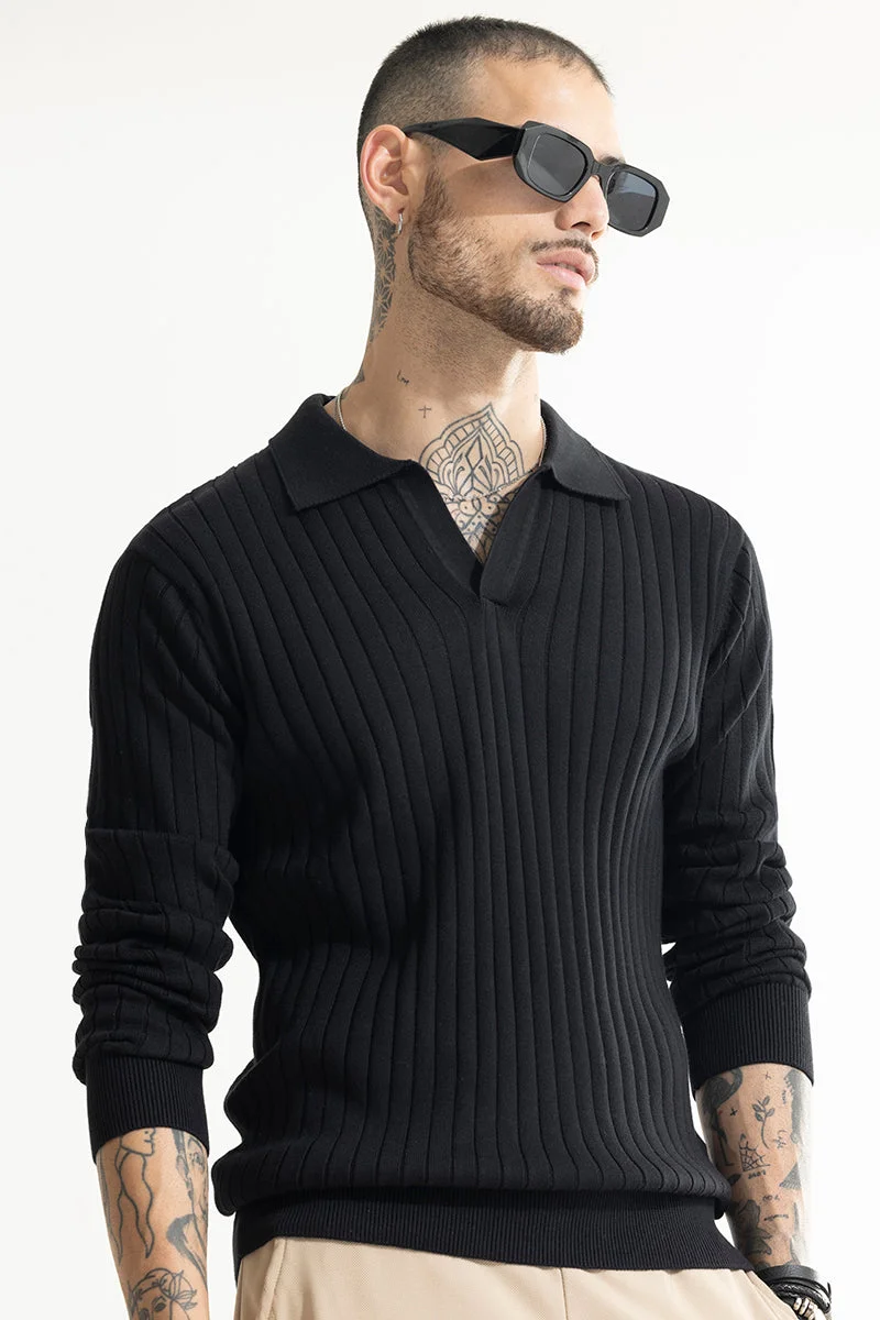SNITCH Chunky Ribbed Knitted Black Polo T-Shirt