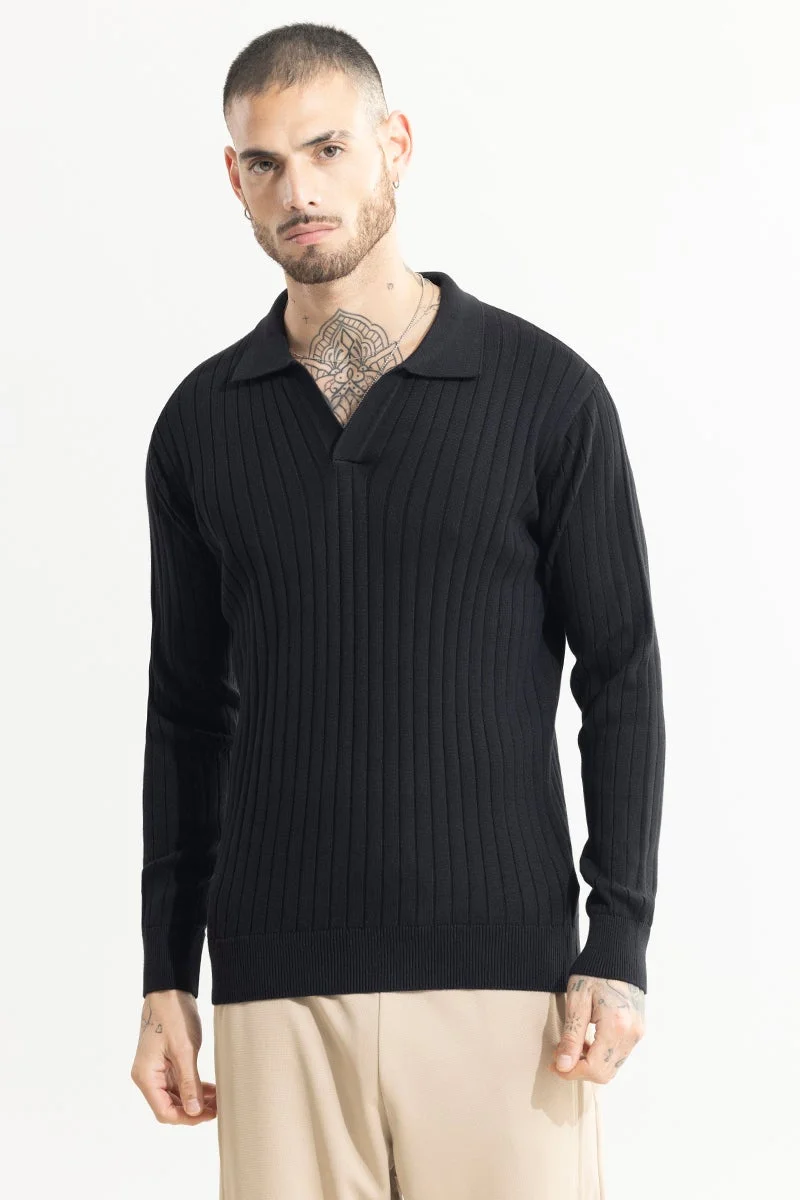 SNITCH Chunky Ribbed Knitted Black Polo T-Shirt