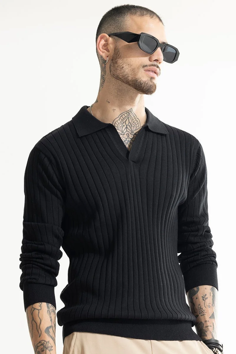 SNITCH Chunky Ribbed Knitted Black Polo T-Shirt