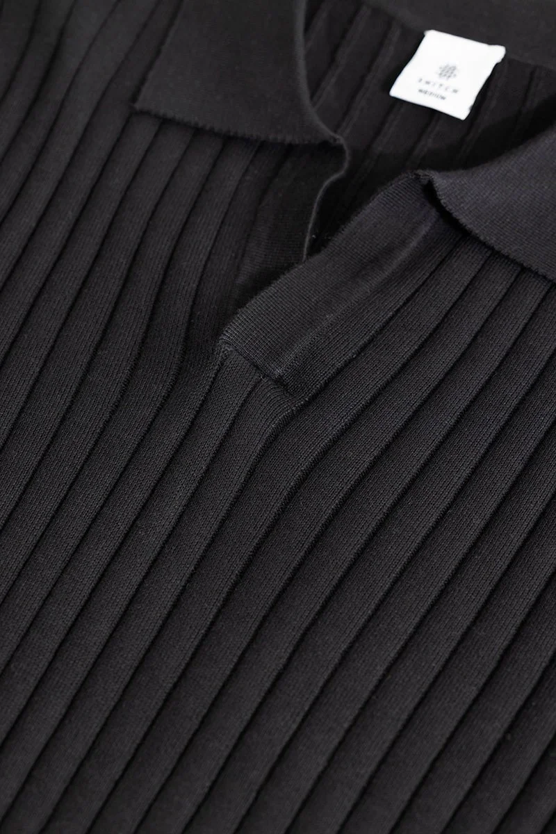SNITCH Chunky Ribbed Knitted Black Polo T-Shirt