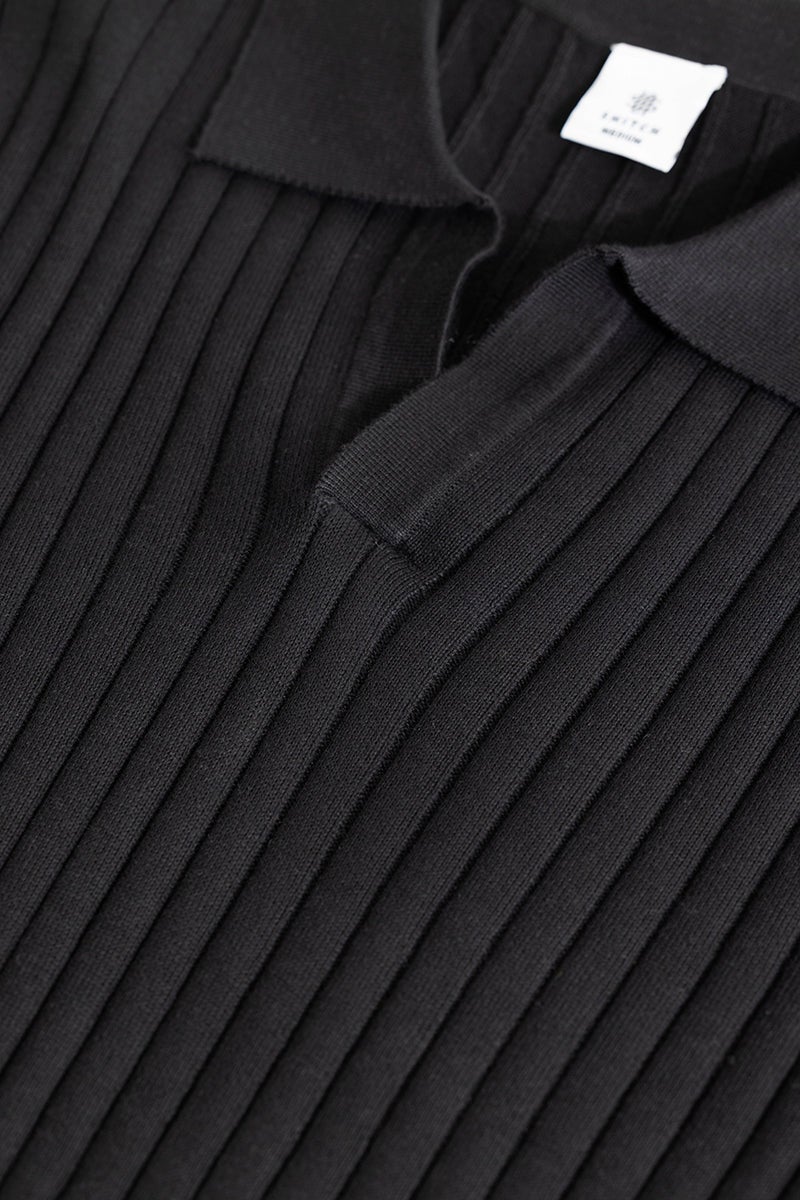 سنيتش تيشيرت بولو أسود محبوك بضلع سميك - Image 2