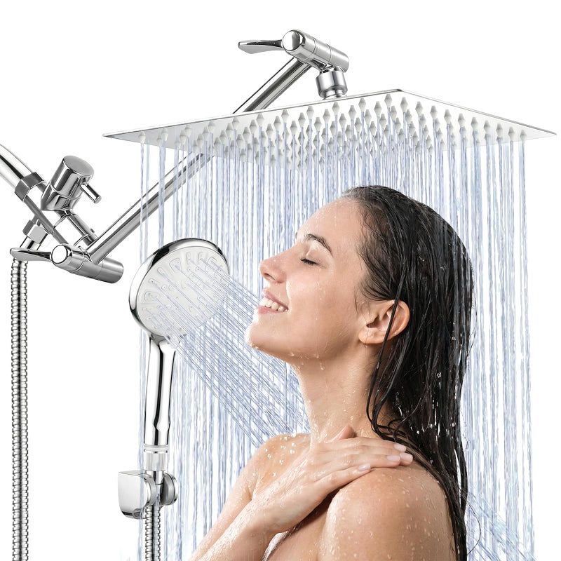 Tudoccy 10 Inch High Pressure Rainfall Shower Head/Handheld Shower Combo with 11 Inch Extension Arm, 9 Settings Adjustable Anti-leak with Holder/Hose, Height/Angle Adjustable, Chrome - Image 1