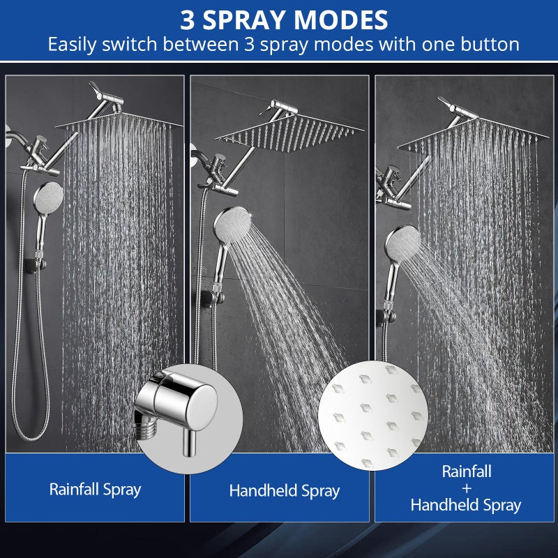 Tudoccy 10 Inch High Pressure Rainfall Shower Head/Handheld Shower Combo with 11 Inch Extension Arm, 9 Settings Adjustable Anti-leak with Holder/Hose, Height/Angle Adjustable, Chrome - Image 3