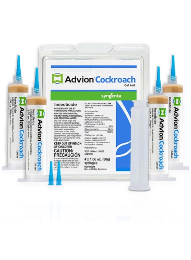 Cockroach مُصَبَّغَة جل Advion للصراصير الأصلية من الولايات المتحدة الأمريكية، تحتوي على 4 أنابيب × 30 جرام، 1 مُضَخَّة، و4 رؤوس - Image 1