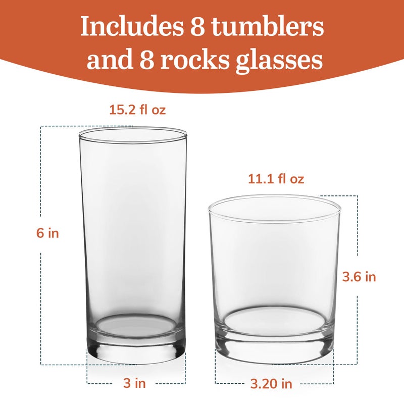 Libbey Province Tumbler and Rocks Glass Set, Elegant Drinkware Glasses Set, Tall Drinking Glasses with Modern Lines, Drinking Glasses Set of 16 - Image 3