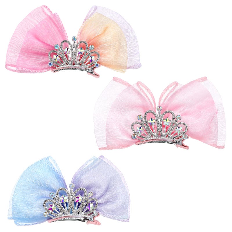 Telooco 3Pack Bow Hair Clips, Crown Hair Barrettes, Cute Rhinestones Princess Bows Metal Side Hair Clips Sparkly Birthday Hair Styling Accessories - Image 1