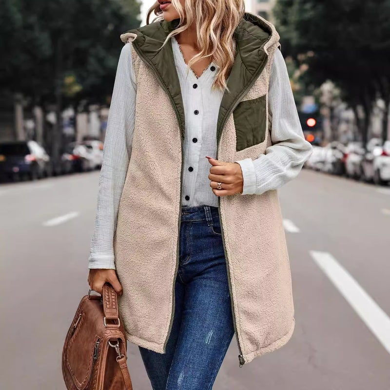2023 Solid Color Hooded Cotton-Padded Vest Double-Sided Wear Slim Cardigan Plus Size Coat - Image 4