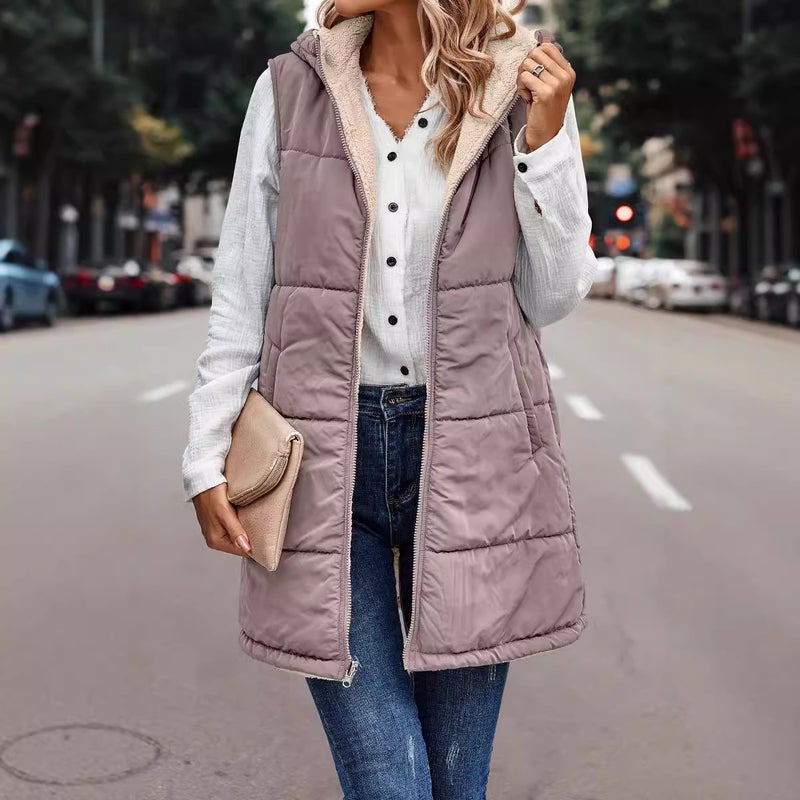 2023 Solid Color Hooded Cotton-Padded Vest Double-Sided Wear Slim Cardigan Plus Size Coat - Image 3