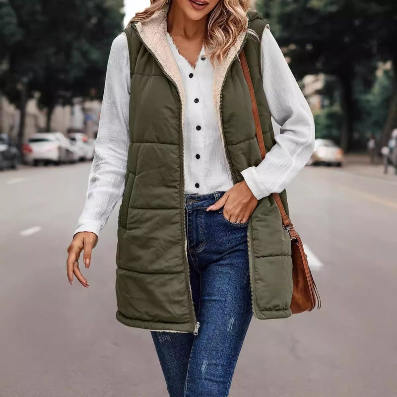 2023 Solid Color Hooded Cotton-Padded Vest Double-Sided Wear Slim Cardigan Plus Size Coat - Image 2