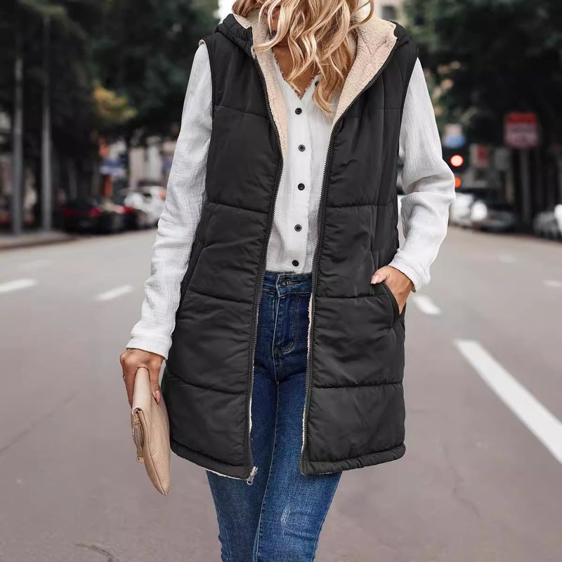 2023 Solid Color Hooded Cotton-Padded Vest Double-Sided Wear Slim Cardigan Plus Size Coat - Image 5