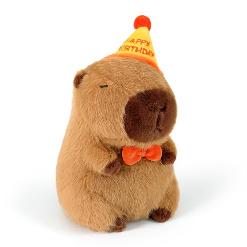 Ditucu Cute Capybara Plush with Happy Birthday Hat Bow Soft Capibara Stuffed Animal Plushies Toys for Birthday Gifts Party Decoration for Kids Brown 13 inch - Image 1