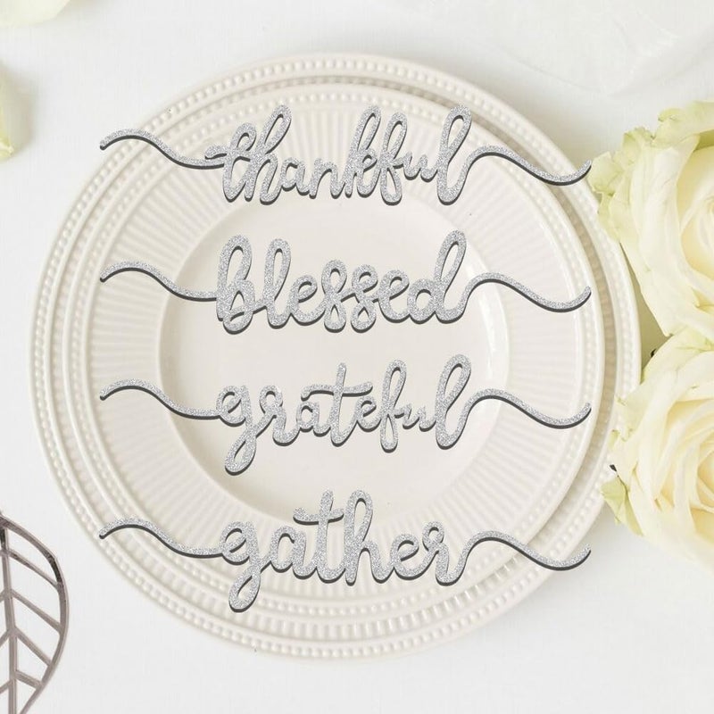 Aukolass 8 Pcs Thanksgiving Plate Cards Thanksgiving Table Decorations Grateful Thankful Blessed Gather Place Card Plate Decors for Home Party Silver - Image 1