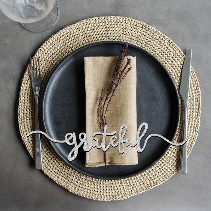 Aukolass 8 Pcs Thanksgiving Plate Cards Thanksgiving Table Decorations Grateful Thankful Blessed Gather Place Card Plate Decors for Home Party Silver - Image 4