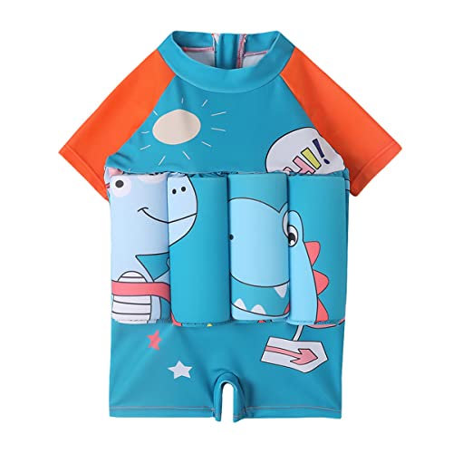 IDOPIP Kids Baby Boy Girl Float Suit with Adjustable Buoyancy Floatation Swimsuit Floating Swimwear Bathing Suit Toddler Float Swim Vest with 8 Removable Buoyancy Stick Blue + Orange Dinosaur 18-24 Months - Image 1