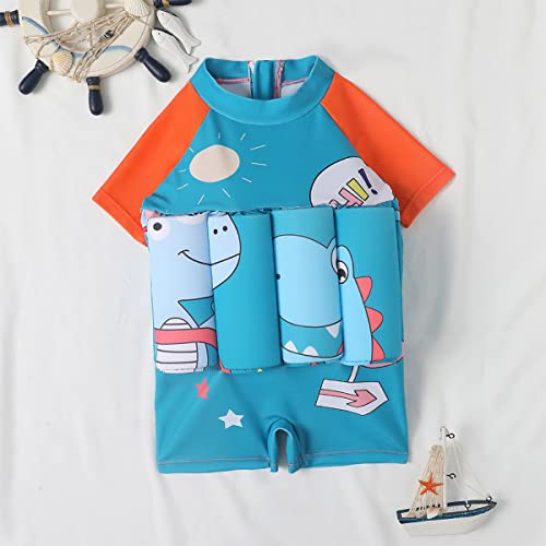 IDOPIP Kids Baby Boy Girl Float Suit with Adjustable Buoyancy Floatation Swimsuit Floating Swimwear Bathing Suit Toddler Float Swim Vest with 8 Removable Buoyancy Stick Blue + Orange Dinosaur 18-24 Months - Image 2