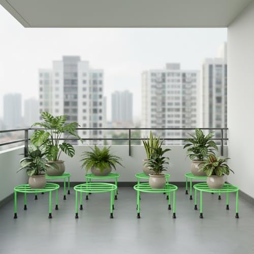 ORILEY Plant Round Stand Galvanised Metal Flower Pot Holder Gamla Support Corner Rack Outdoor Display Shelf for Home Garden Balcony Decoration - (Pack of 8, Green) - Image 1