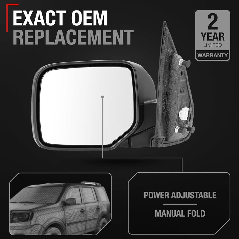 T1A Driver Side Mirror Replacement for 2009-2015 Honda Pilot - Powered, Heated, Manual Fold - Smooth Black - Image 2