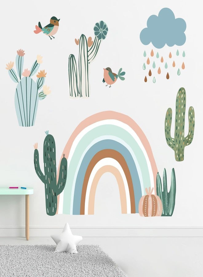 Mfault Boho Rainbow Cactus Wall Decals Stickers, Bohemian Cacti Cloud Rain Bird Nursery Decor Bedroom Art, Botanical Kids Toddler Room Playroom Home Decorations - Image 1