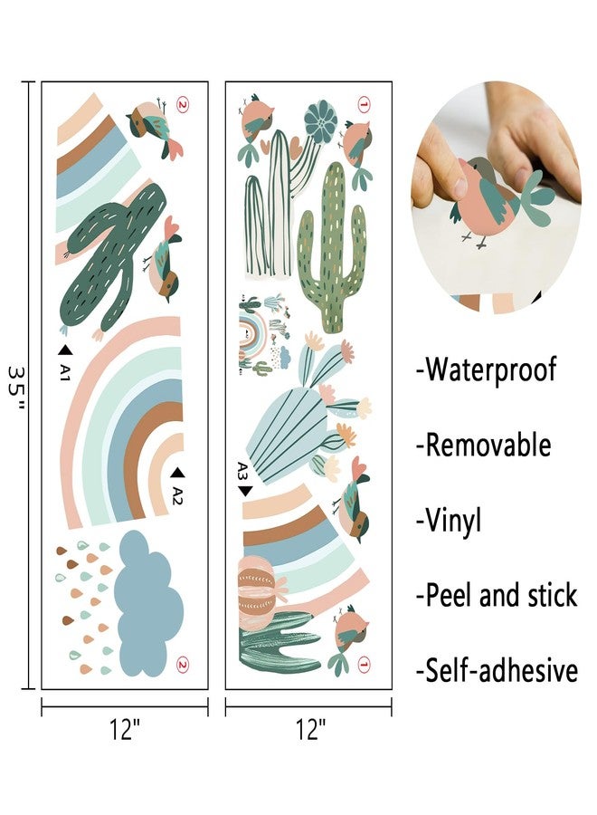 Mfault Boho Rainbow Cactus Wall Decals Stickers, Bohemian Cacti Cloud Rain Bird Nursery Decor Bedroom Art, Botanical Kids Toddler Room Playroom Home Decorations - Image 2