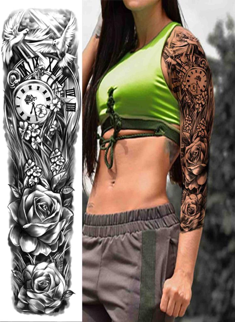 Black Eagle Full Arm Tattoo Sleeve For Men Women Realistic Fake Army Compass Temporary Tattoos Waterproof Large Tatoos Stickers