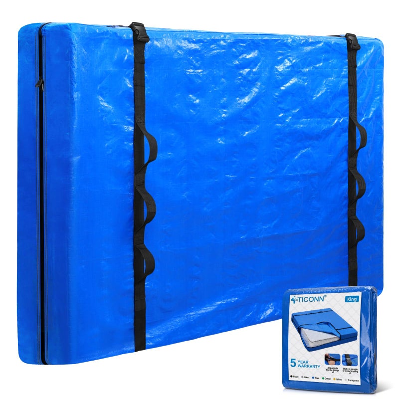 TICONN Mattress Bags for Moving Heavy Duty King Mattress Cover Storage Bag with FullAround Handle and Adjustable Buckles Blue King