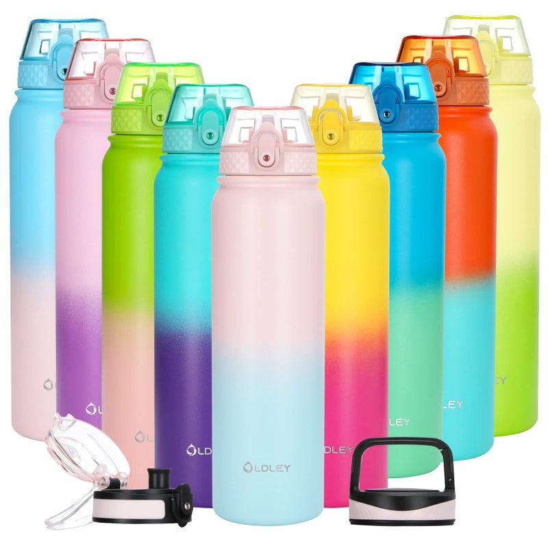 OLDLEY Insulated Water Bottle with Straw 32oz Stainless Steel Water Bottles with 3 lids DoubleWall Vacuum Thermal for Kids Adults School SportsPinkBlue