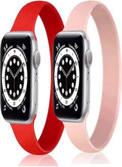 2 Pack Silicone Solo Loop Elastic Band Size 42/44/45/49 mm Soft Stretch Sport Replacement Strap For Apple Watch Series 8/7/6/5/4/3/SE/Ultra - Pink & Red (Small -140mm)