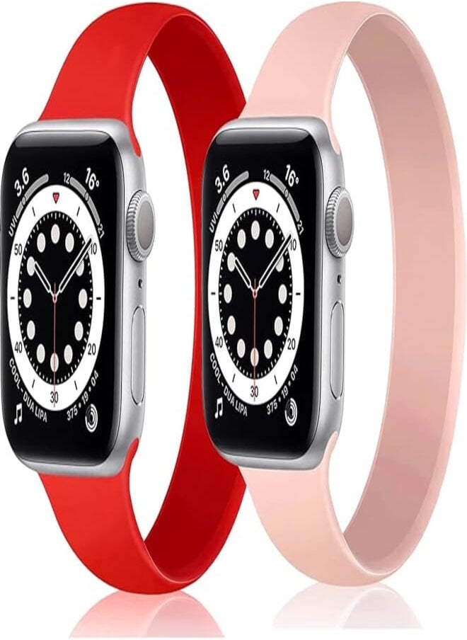 Generic - 2 Pack Silicone Solo Loop Elastic Band Size 42/44/45/49 mm Soft Stretch Sport Replacement Strap For Apple Watch Series 8/7/6/5/4/3/SE/Ultra - Pink & Red (Small -140mm) - Image 1