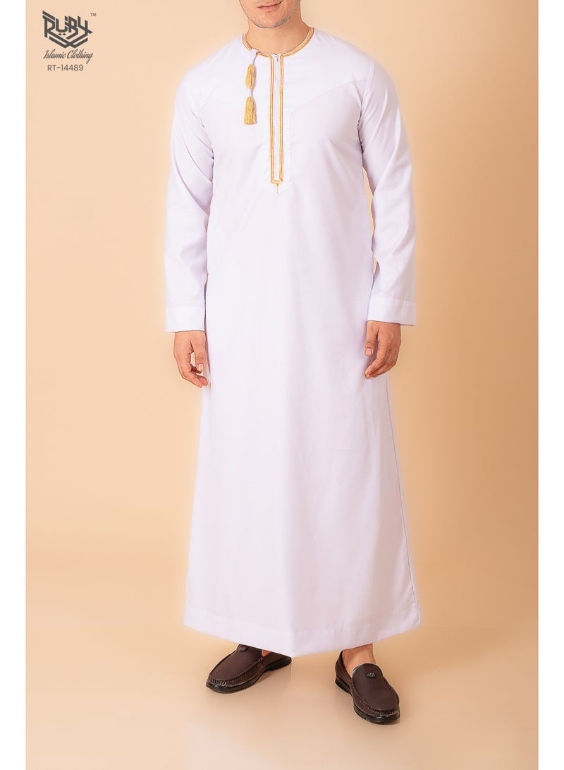 روبي للملابس الإسلامية دشداشة عمانية/إماراتية بيضاء – ثوب كندورة رجالي عماني/إماراتي كلاسيكي – جبة إسلامية طويلة الأكمام - Image 1