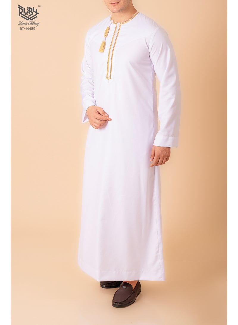 روبي للملابس الإسلامية دشداشة عمانية/إماراتية بيضاء – ثوب كندورة رجالي عماني/إماراتي كلاسيكي – جبة إسلامية طويلة الأكمام - Image 2