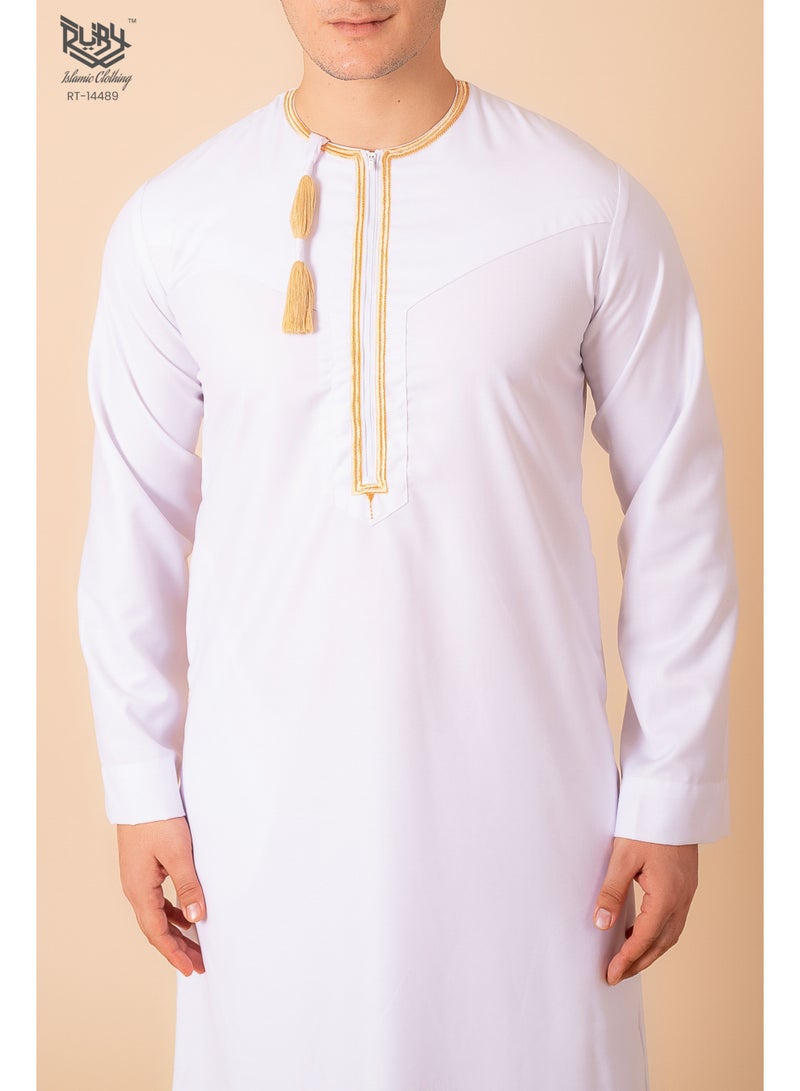 روبي للملابس الإسلامية دشداشة عمانية/إماراتية بيضاء – ثوب كندورة رجالي عماني/إماراتي كلاسيكي – جبة إسلامية طويلة الأكمام - Image 3