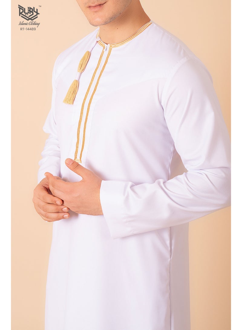 روبي للملابس الإسلامية دشداشة عمانية/إماراتية بيضاء – ثوب كندورة رجالي عماني/إماراتي كلاسيكي – جبة إسلامية طويلة الأكمام - Image 5