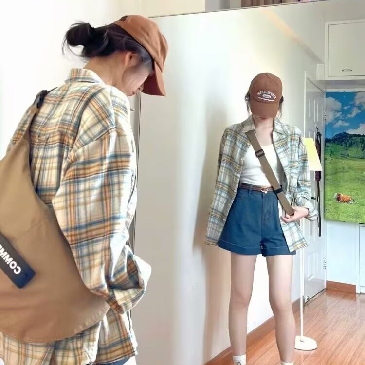 Yellow Plaid Long-sleeved Shirt Coat Womens Spring and Autumn Loose Lazy Style Outer Shirt Design Niche Top Yellow