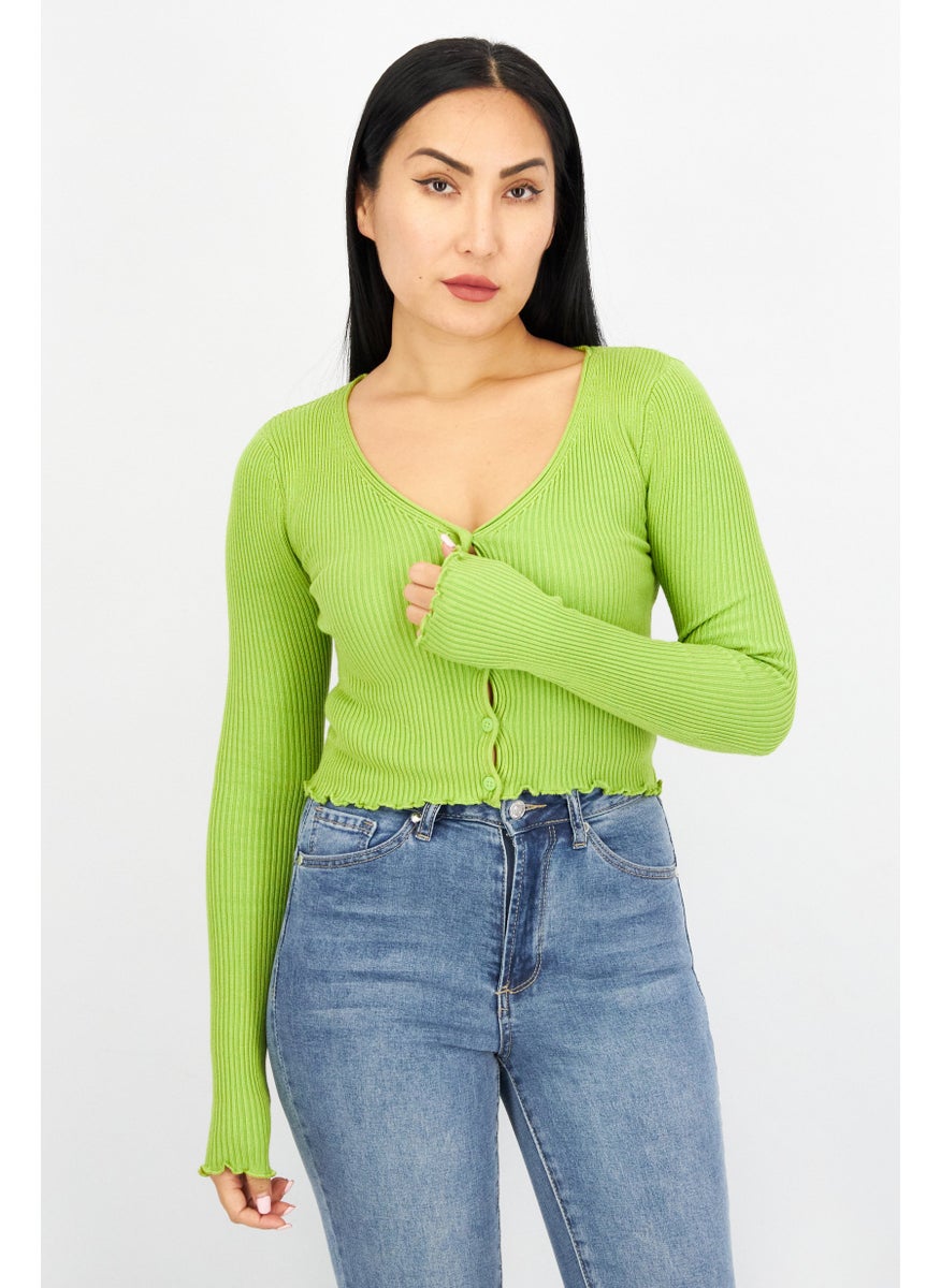 Women V-Neck Long Sleeve Ribbed Top, Light Green - pzsku/Z3A0A3085793C08084224Z/45/_/1726108989/2035fe04-5c23-4256-901c-57ce1387fcf7