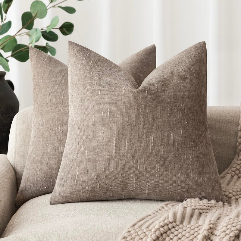 Foindtower Set of 2 Soft Textured Chenille Throw Decorative Pillow Covers Square Accent Solid Cushion Cover Cozy Neutral Farmhouse Pillow Case for Couch Sofa Bedroom Living Room 18x18 InchLight Taupe