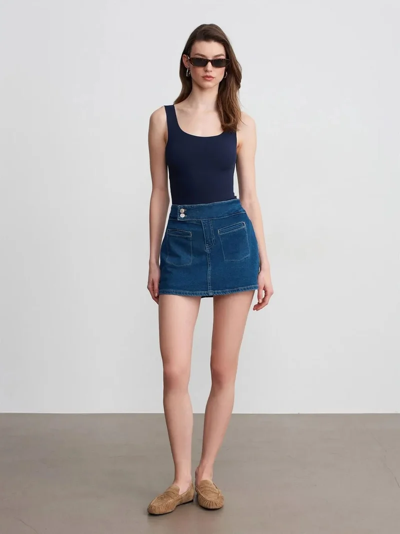 ديلفين DILVIN High-Waist Straight Mini Denim Skirt